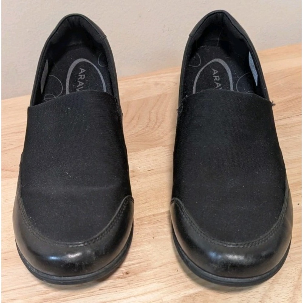 Aravon Abbey A Line Women 7.5 Leather Slip-On Shoes Aetrex Insoles Black Comfort